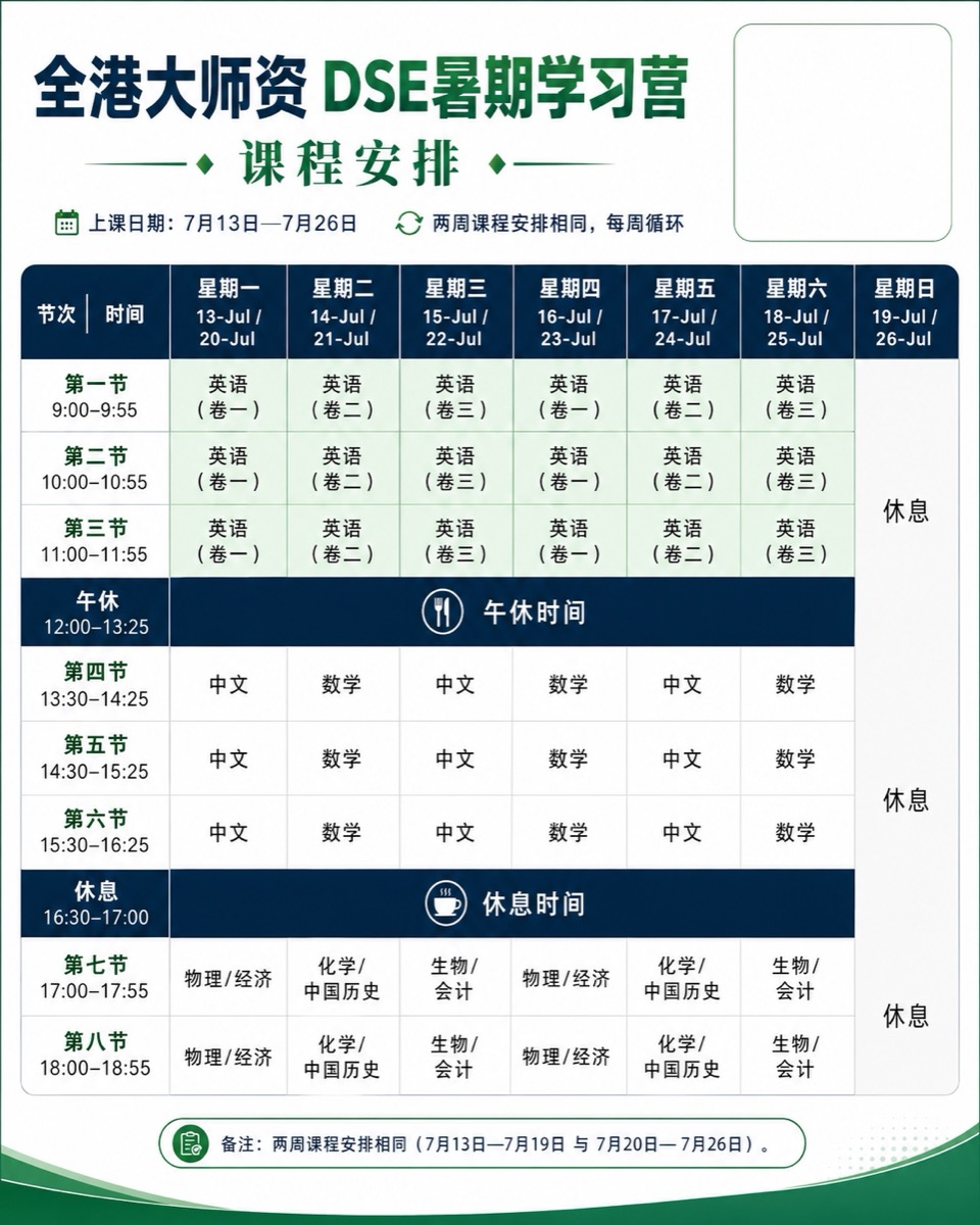 暑期学习营每周课程安排（两周循环）